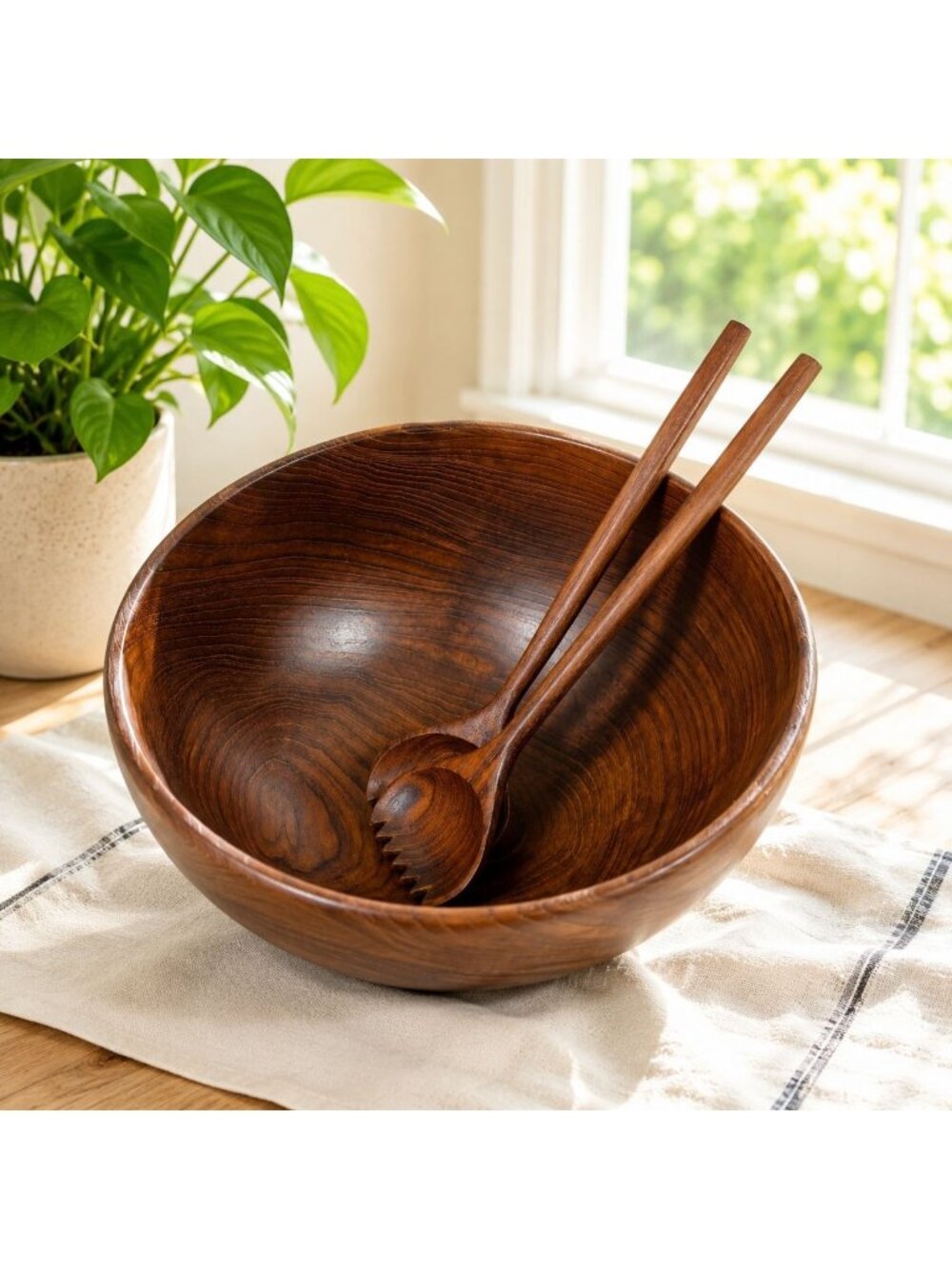 Rustic Hand-Carved Wood Salad Bowl With Matching Servers Farmhouse Decor